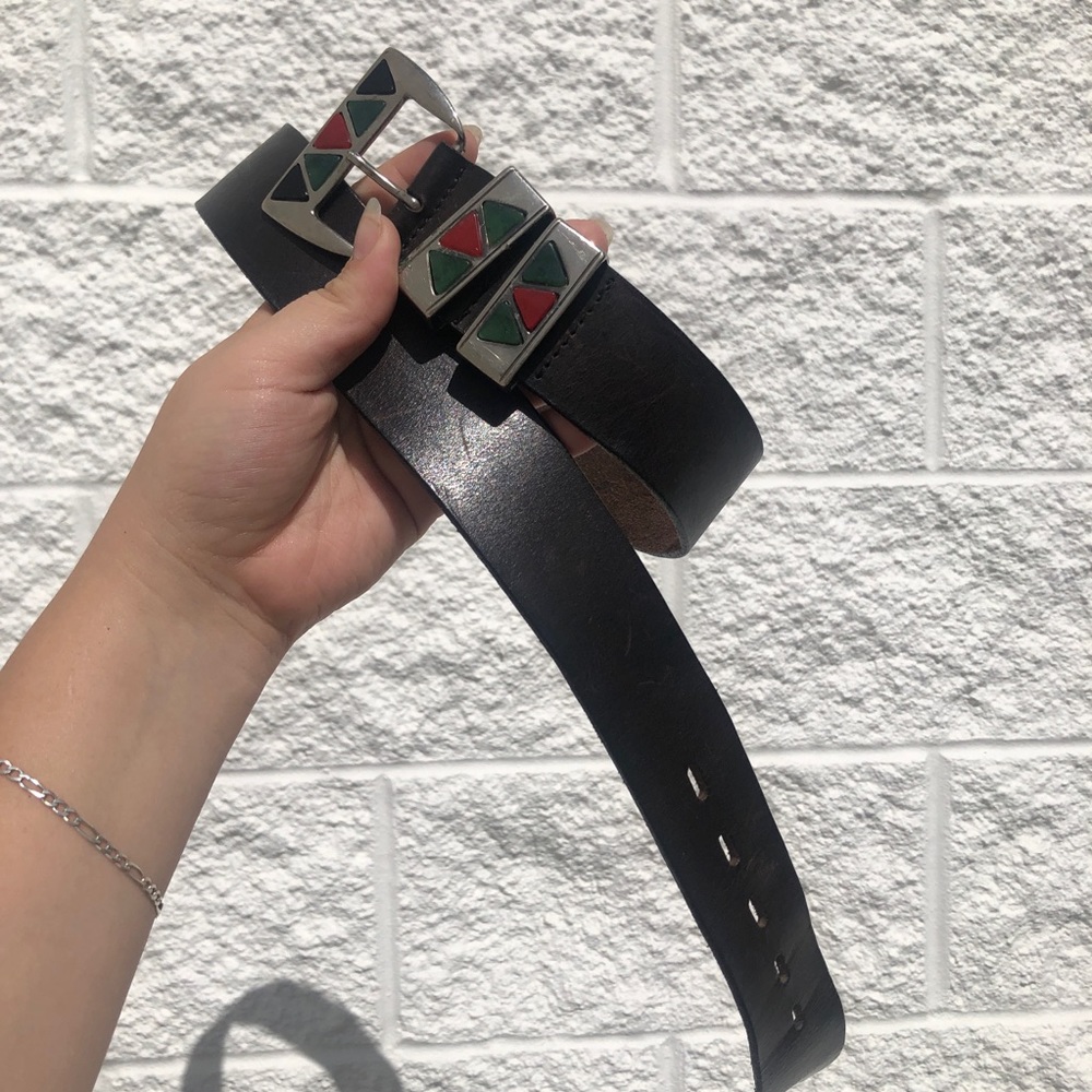 VTG Leonardo Brown Leather Belt with Stone Inlay Buckle - Made in Italy